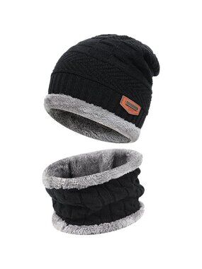 🆕 Kids Black Toddler Winter Warm Knit Beanie Hat Neck Scarf Set Fleece Cap Gift